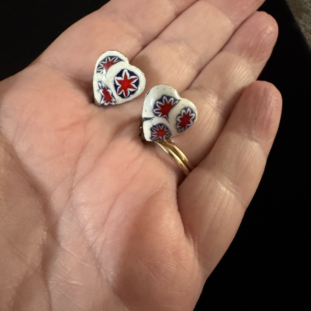Vintage Heart-Shaped Red, White and Blue enamel Clip Earrings